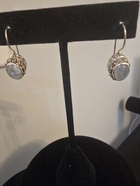 Sterling Silver Moonstone Drop Earrings - Elegant Blue-Grey Cabochons